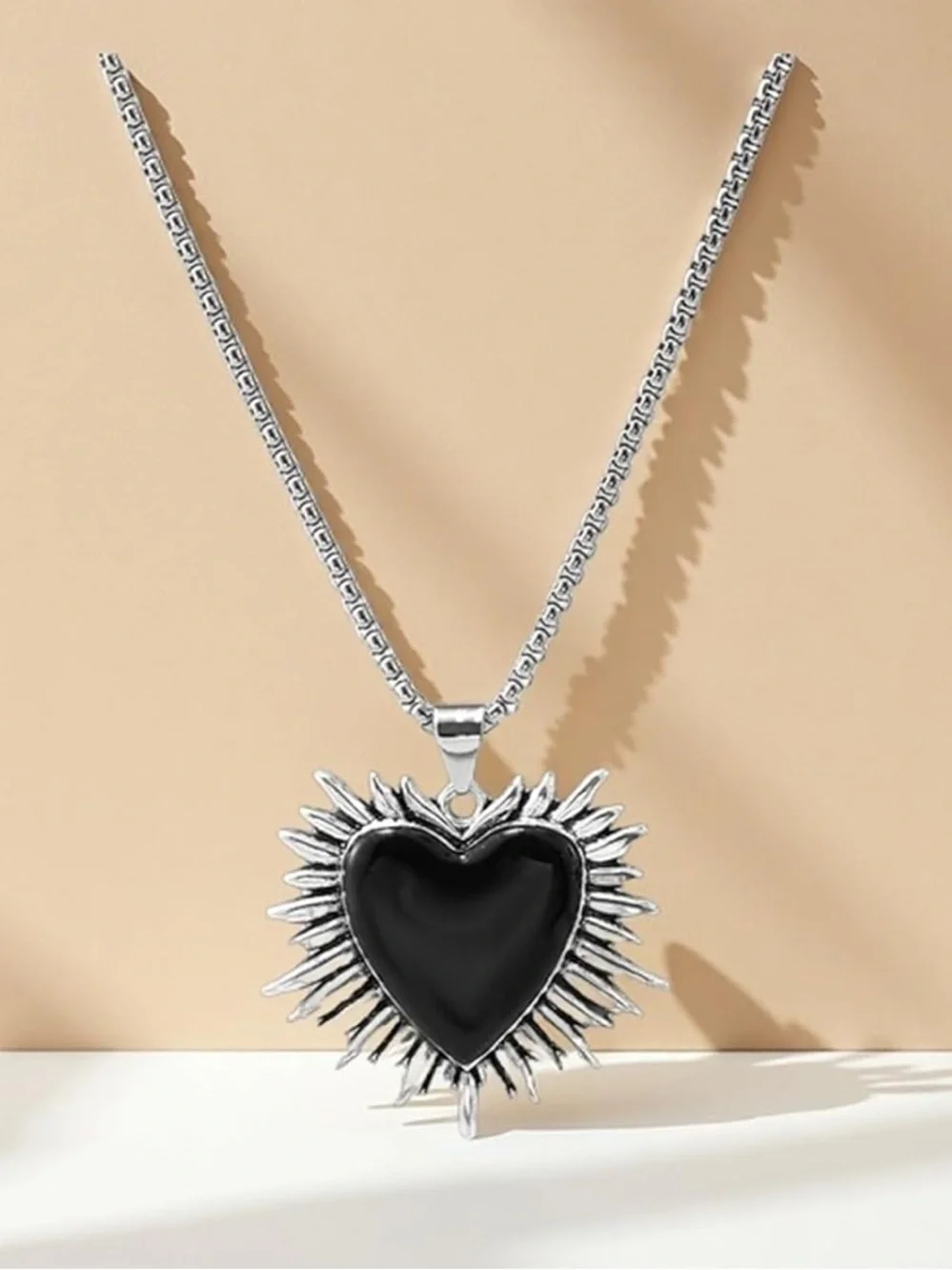 Black Heart Sunburst Pendant Necklace - Women Jewelry